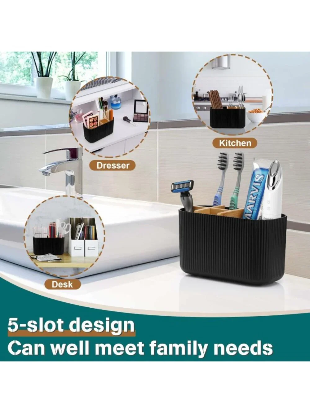 Sleek Bamboo Toothbrush Holder - Stylish Organizer for Electric & Kids' Brushes